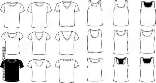 Collection of flat fashion of men's and women's tops including t-shirts and tank tops
