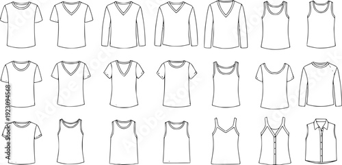 Collection of flat fashion of men's and women's tops including t-shirts and tank tops
