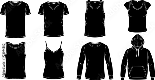 Collection of flat fashion of men's and women's tops including t-shirts and tank tops
