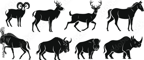 Wild animal silhouettes collection including deer ram horse bison boar and rhinoceros isolated on white background vector illustration set