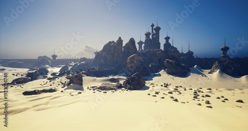 vast sunlit desert dunes with distant ruins on horizon, windblown ripples and stark golden light, sweeping vista conveying scale, silence and remote solitude