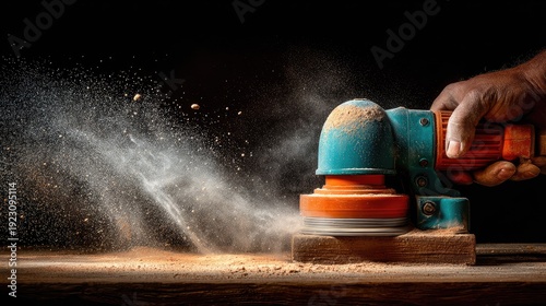 Power tool smooths a wooden surface creating a dramatic cloud of fine dust particles