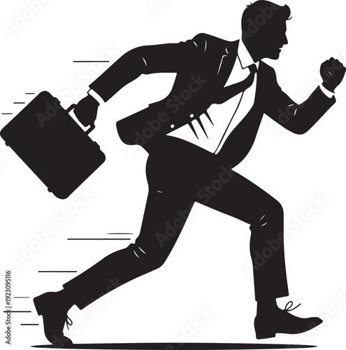 Silhouette of a businessman running with a briefcase isolated on white
