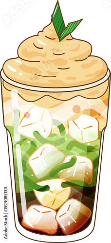 Traditional Fusion Dalgona Cendol Dessert with Brown Sugar and Whipped Coffee Cream