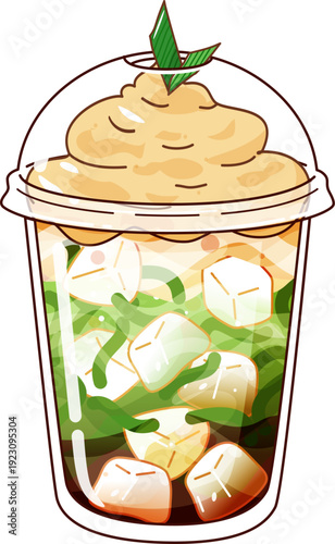 Traditional Fusion Dalgona Cendol Dessert with Brown Sugar and Whipped Coffee Cream