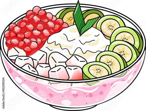 Traditional Indonesian Dessert Es Pisang Ijo Green Banana Pancake with Marrow Porridge and Syrup