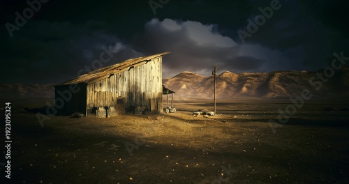Canvastavla Silent desert watch, Remote station under moonlight, Lone outpost among rugged m