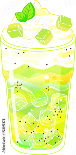 Tall Whipped Cream Topping on Iced Melon Soda with Basil Seeds and Jelly