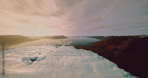Obraz na płótnie aerial view of pastel horizon with icy foreground, wide negative space and soft