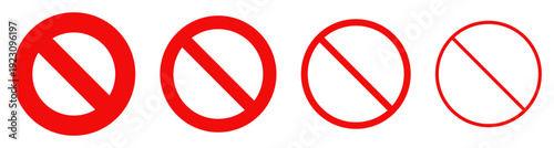 Set of red no symbol vector icons with varying stroke weights and multiple style variants, designed for interface navigation and restriction indicators.