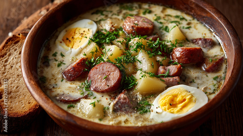 A bowl of soup with a spoon and a piece of bread on a wooden table