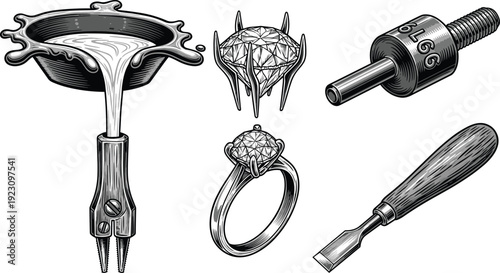 Jewelry Craftsmanship Set with Molten Gold Pouring Diamond Ring and Engraving Tools in Vintage Woodcut Engraved Vector Illustration Style