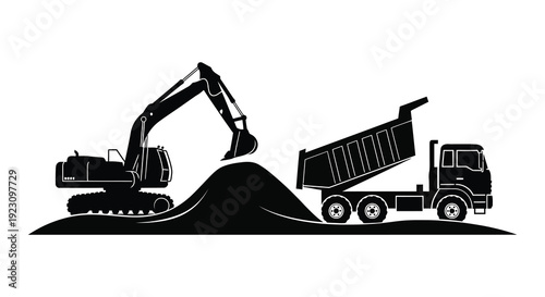 A stark black silhouette depicts heavy machinery an excavator and dump truck engaged in earthmoving work silhouette high quality