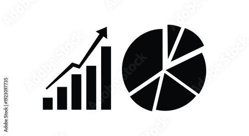 A black graphic displays a rising bar chart alongside a pie chart representing data and growth silhouette high quality professional