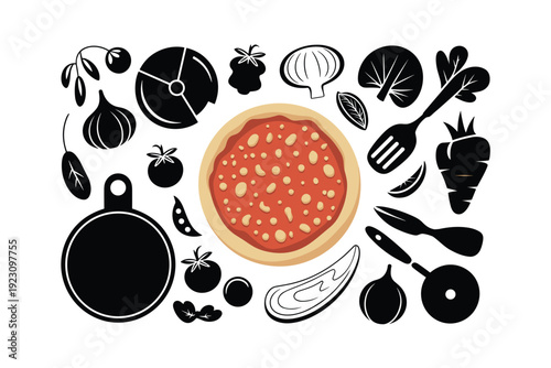 Delicious pizza with fresh ingredients and cooking utensils