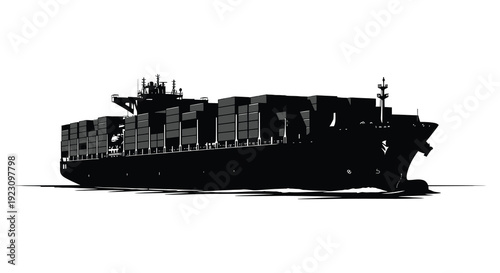 A striking black silhouette of a large container ship sailing on water showcasing maritime transport silhouette high quality professional detailed modern
