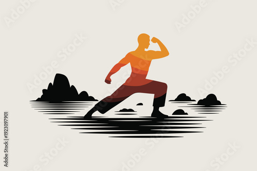 Dynamic male athlete running on water with strength