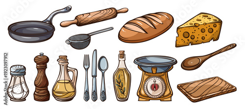 Vintage kitchen set with cookware, utensils, bread, cheese, bottles, scale and tableware, traditional home cooking elements in detailed engraving style, classic hand drawn style, vector illustration