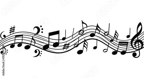 A flowing arrangement of musical notes and clef symbols creates a dynamic visual representation silhouette high quality professional detailed modern elegant