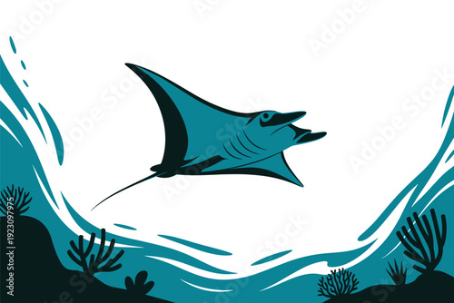 Stylized manta ray swimming in ocean with coral
