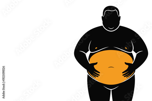Overweight man holding large orange belly with hands