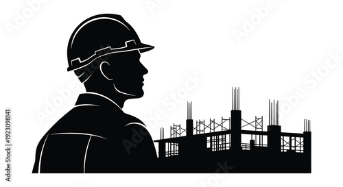 A stark black silhouette of a construction worker wearing a helmet gazing towards a building framework silhouette high quality professional detailed