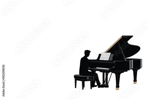 Silhouetted pianist performing on grand piano with sheet music