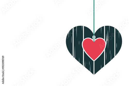 Vibrant heart shaped ornament with red center hanging on green string