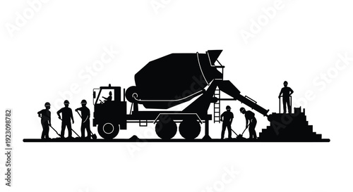 Construction workers operate a cement mixer and pour concrete depicted in a striking black silhouette high quality professional detailed modern elegant