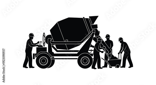 A black silhouette depicts construction workers operating a cement mixer and wheelbarrow on a white background high quality professional detailed modern