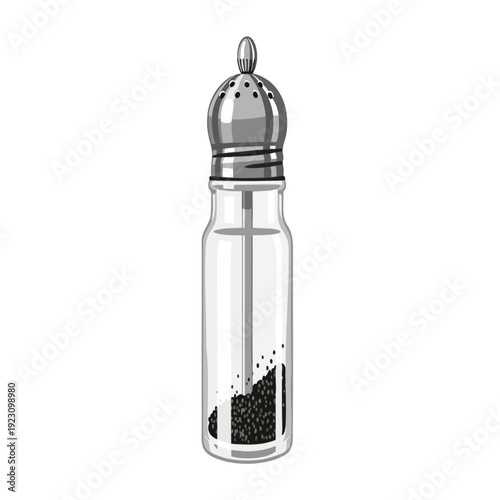Glass spice grinder with black peppercorns on a white background