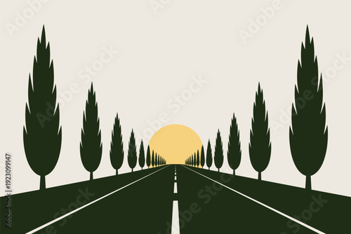 Serene road stretching into sunset surrounded by lush green trees