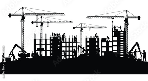 A striking black and white image depicts a construction site with cranes and buildings in silhouette high quality professional detailed modern