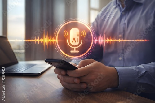 AI voice assistant interaction concept with microphone interface, speech recognition technology, and natural digital conversation system
