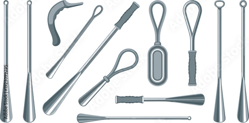 Shoe Horn and Boot Puller Accessories Vector Set with Metal Footwear Helper Tools for Comfortable Dressing Mobility Aid Equipment Police Stop