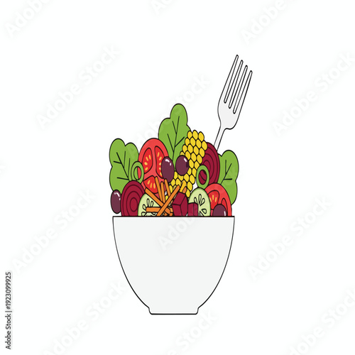 Healthy Mixed Vegetable Salad in a White Bowl with a Fork