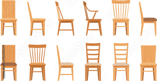 Wooden Dining Chair Collection in Different Styles Front and Side View Furniture Flat Vector Illustration Set for Interior Design Police Stop