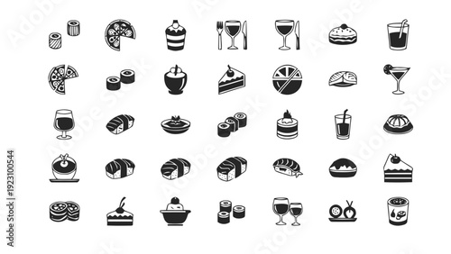 Vector illustration of black and white icons of various food and drink items on a on a transparent background