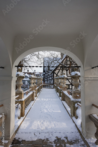 Park w miejscowości Iłowa w Polsce. Krużganek stanowiący element architektoniczny w ogrodzie japońskim.
