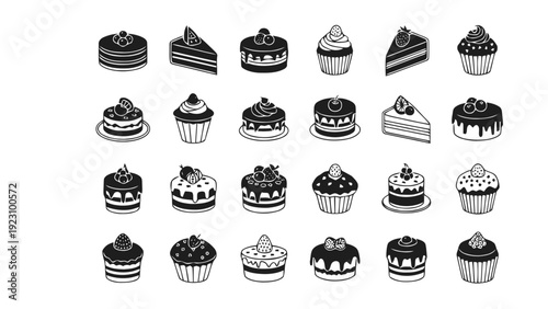 Vector illustration of black and white illustration of various cupcakes and cakes on a transparent background