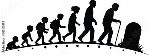 Silhouette Illustration Depicting the Stages of Human Life, from Childhood to Old Age with Symbolic Tombstone for Educational, Family, and Development Projects