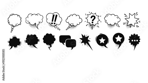 Vector illustration of collection of various comic speech bubbles and thought clouds on a transparent background