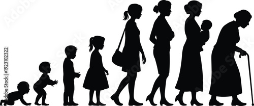Silhouette Illustration of Human Life Stages, from Childhood to Elderly, for Educational, Family, and Development Projects