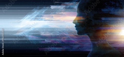 Wallpaper Mural silhouette of an ai female head, with a glowing aura symbolizing intelligence, set against a backdrop of swirling data and light beams, representing advanced technology Generative AI Torontodigital.ca