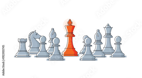 An illustration of a chess game with a prominent orange king piece surrounded by other chess pieces.