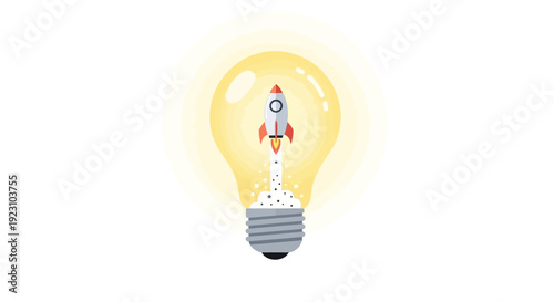 A lightbulb with a rocket ship launching inside, symbolizing innovation and new ideas.