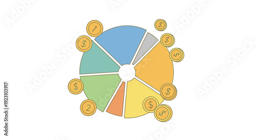 A colorful pie chart with coins around it, representing financial distribution and investment.