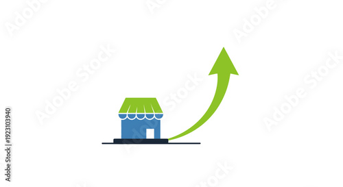 A graphic depicting a business establishment with an upward-pointing arrow, symbolizing growth and success.