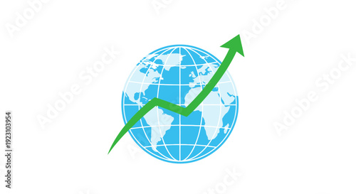 A graphic depicting a globe with a green upward-pointing arrow, symbolizing growth and progress.
