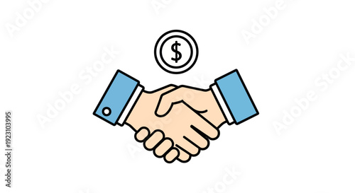 Illustration depicting a business deal or agreement, symbolized by a handshake and a coin representing financial transactions.